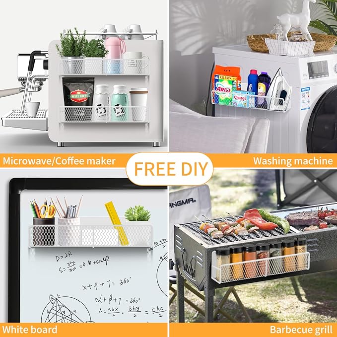 Magnetic Spice Rack for Refrigerator, 6 Pack Metal Magnetic Shelf White, Moveable Spice Organizer, Strong Magnetic Storage Fridge Organizer with Paper Towel Holder, Utensils Holder