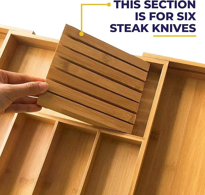 NEW Supplier: Bamboo Wood Drawer Organizer, Silverware Drawer Organizer, Kitchen Drawer Organizer with Drawer Dividers and removable knife block. – 12.75-22 x 17 x 2 In (Brown)