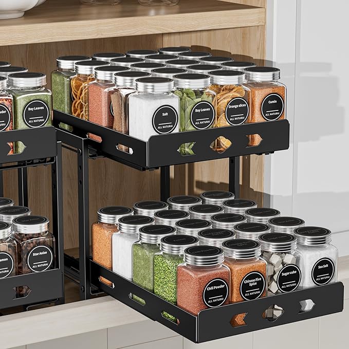 Pull Out Spice Rack Organizer, 2-Tier Vertical Spice Rack, Height Adjustable for Kitchen Cabinet (9.7''Wx10.8''Dx9.2''H, Metal Black)
