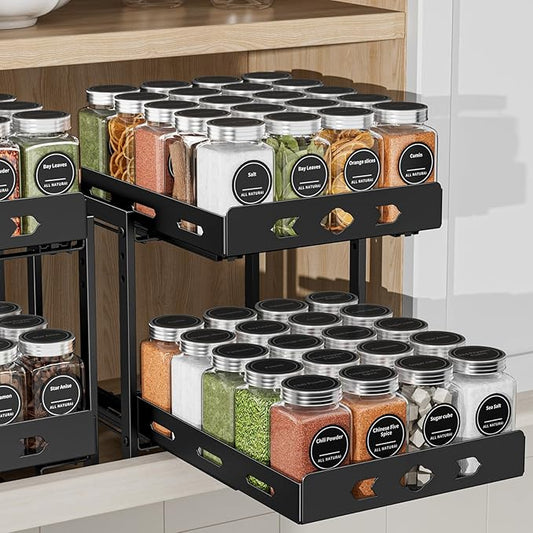 Pull Out Spice Rack Organizer, 2-Tier Vertical Spice Rack, Height Adjustable for Kitchen Cabinet (9.7''Wx10.8''Dx9.2''H, Metal Black)