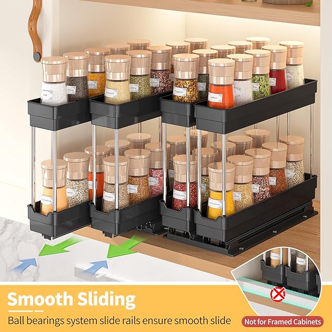 2 Pack Pull Out Spice Rack Organizer for Cabinet, Slide Out Seasoning Kitchen Organizer, Heavy Duty Spice Cabinet Organizers with Labels for Kitchen Pantry, 5.3" W x10.7 D x10 H, 4 Drawers, 2-Tier