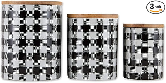 DII Ceramic Canister Sets for the Kitchen Food Safe Storage Containers with Lids, Large, Medium & Small, Buffalo Check, Black & White, 3 Count