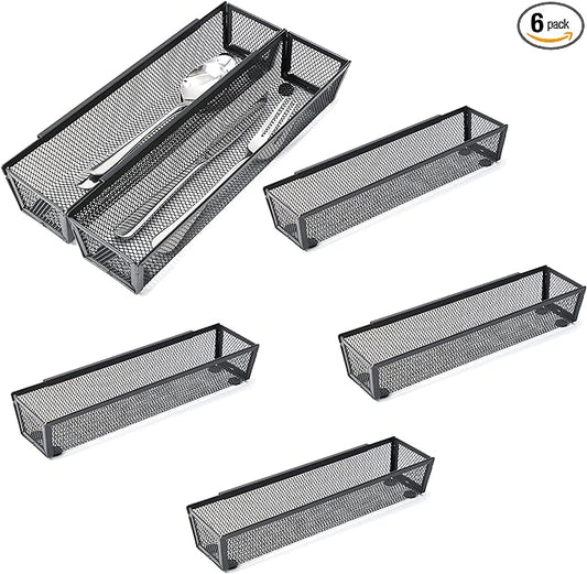 6 Pack Black Silverware Drawer Organizer Kitchen Drawer Utensil Cutlery Tray Office Supplies with Inter-locking Arm Drawer Dividers Organizer for Silverware, Flatware, Home,Office, School,Bedroom 12X3