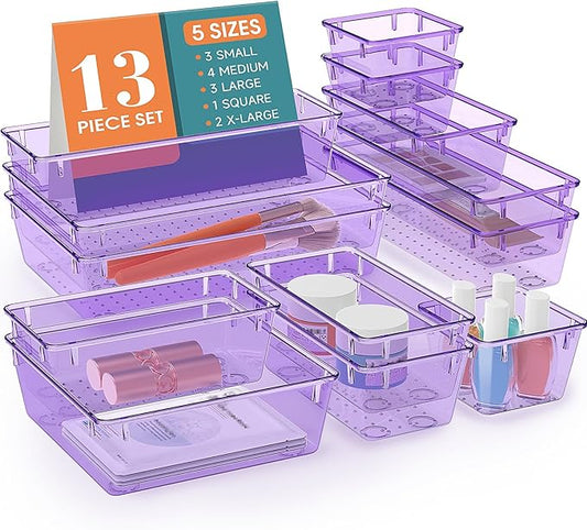 WOWBOX 13 PCS Plastic Drawer Organizer Set, Desk Drawer Divider Organizers and Storage Bins for Makeup, Jewelry, Gadgets for Kitchen, Bedroom, Bathroom, Office, Purple