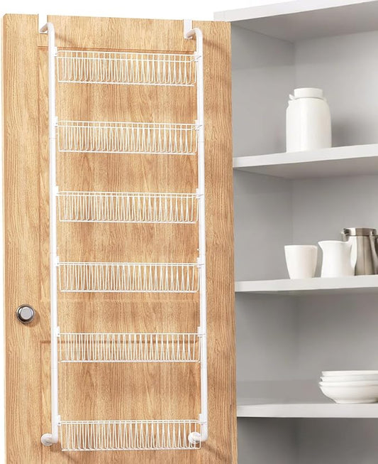 Goovilla Over The Door Pantry Organizer, 6-Tier Pantry Organization and Storage, Metal Hanging Spice Rack for Pantry Door, Kitchen, Laundry, Bathroom Organization, Back of Door Seasoning Rack, White