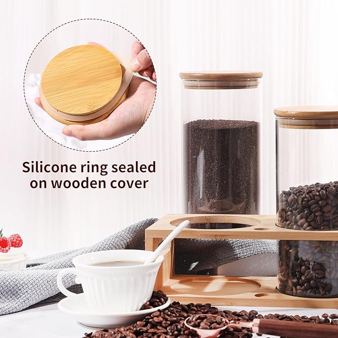 ZOMUIA Glass Coffee Containers Airtight Coffee Bean Storage Jars with Shelf, 2Pcs 44oz Coffee Station Organizer Coffee Canisters, Kitchen Food Storage Jars for Coffee, Sugar, Candy, Oats, Nuts