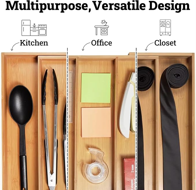 Bamboo Cutlery Drawer Organizer for Kitchen Utensils - Expandable Utensile Organzier with Drawer Dividers for Flatware, Silverware Knives in Kitchen, Bedroom, Living Room (5 Slots)
