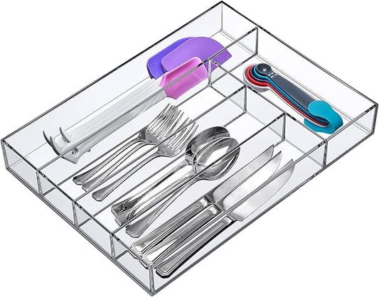 Amazing Abby - Felicia - Plastic Flatware Organizer, Compartmented Utensil Holder, Cutlery Tray for Drawer, Silverware Storage for Kitchen, Perfect Storage Solution for Home and Restaurant