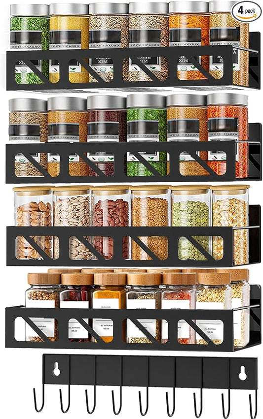 Magnetic Spice Rack Organizer for Fridge Seasoning Organizer for Kitchen storage with Screw or Adhesive Hanging,Magnetic Shelf with Hook for Refrigerator and Oven (Black-non-magnetic, 4pack)