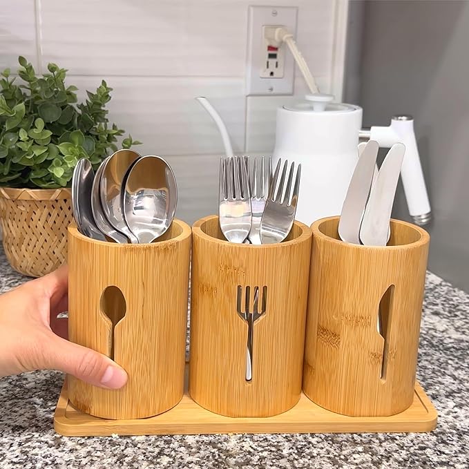 Bamboo Silverware Organizer Countertop, Flatware Caddy, Bamboo Utensil Holder for Party, Kitchen Table, Farmhouse