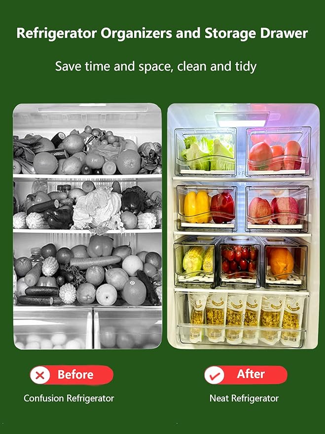 Refrigerator Organizers and Storage Drawer, Stackable Fruit Storage Containers for Fridge, Reusable Fridge Organizer fit for Kitchen Refrigerator and Restaurant Freezer (2 Drawers, Large)