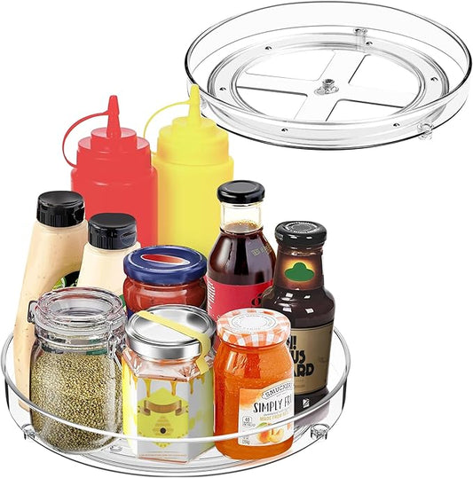 2 Pack Clear Acrylic Lazy Susan, 9.25"+10.6" Rotating Turntable Organizer, Round Plastic Spice Rack for Cabinet, Kitchen, Pantry, Refrigerator, Vanity Bathroom Countertop Storage