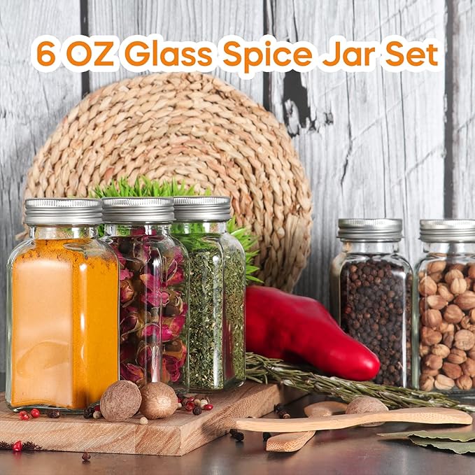 16 Pack 6 oz Glass Spice Jars with 80 Black Labels,180ml Empty Square Spice Containers Seasoning Bottles with Silver Caps and Shaker Lids for Kitchen Storage(Chalk Marker,Funnel and Brush include)