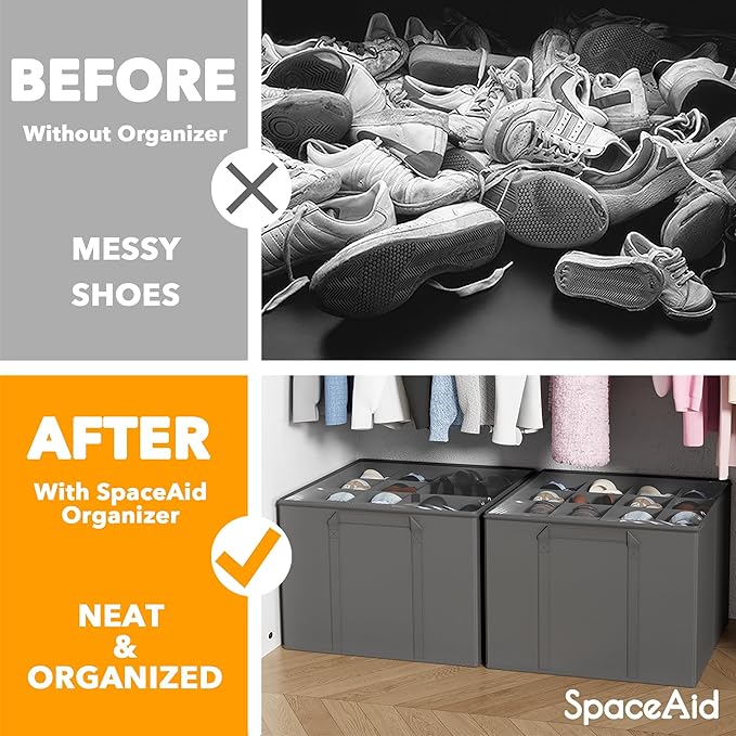 SpaceAid Shoe Organizer for Closet, 2 Pack Foldable Shoe Storage Containers Baskets Boxes Bins w/Adjustable Dividers, Fits 16-32 Pairs, Grey