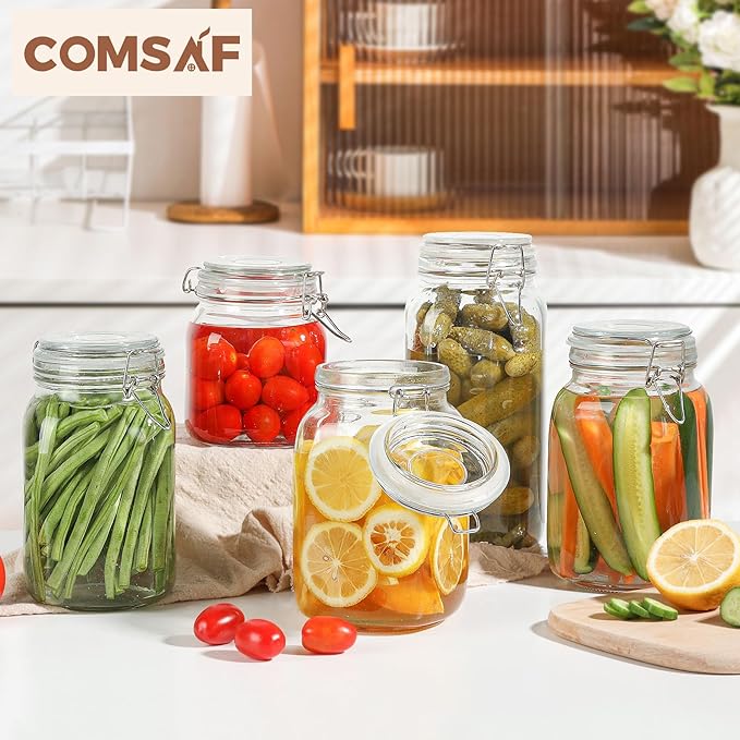 ComSaf Airtight Glass Canister Set of 3 with Lids 50oz Clear Food Storage Jars Square, Kitchen & Pantry Organization Food Storage Container for Canning, Sugar, Flour, Pasta, Candy, Cereal, Coffee