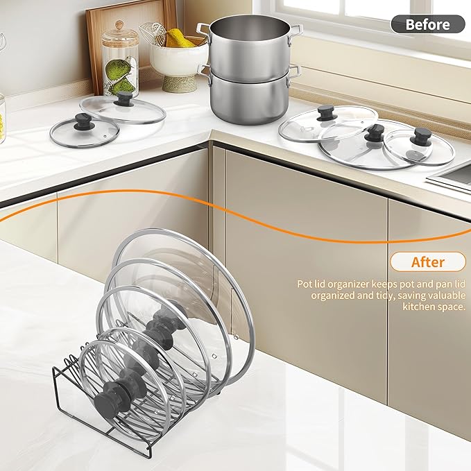 Pot Lid Organizer Rack, 5-slot Holder for Pot and Pan Lids, Space-Saving Kitchen Cabinet Organizer, Pan Lid Organizer,Pot Lid Holder,Side-Access Design