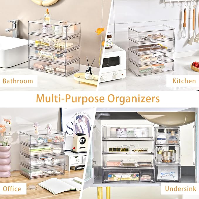 2 Pack Stackable Makeup Organizer, 12.1''L Acrylic Bathroom Organizer and Storage Undersink Drawer, Cosmetics and Beauty Supplies,Clear Plastic Storage Bins for Desk,Cabinet,Kitchen,Vanity,Pantry
