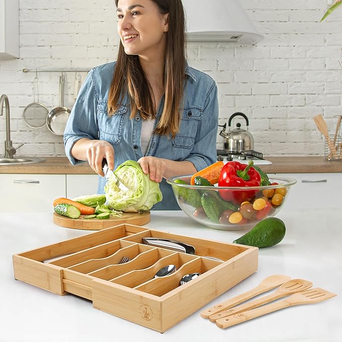 Premium Silverware, Flatware and Utensil Organizer for Kitchen Drawers. Extra Large and Expandable from 13 to 21 Inches - 8 Compartments [2.5 Inches Deep] *Bamboo Utensils Included - 100% Bamboo.
