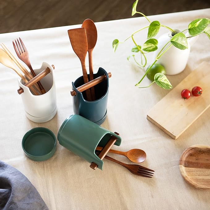 Kitchen Utensil Holder for Flatware, Silverware, Cutlery and Cooking Accessories, Wood and Ceramic, Countertop and Table Caddy (White)