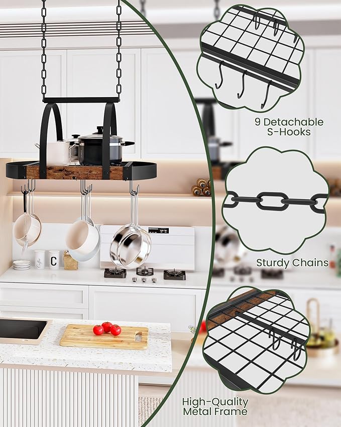 Hanging Pot Rack, Pot Hanger for Kitchen, Ceiling Mounted Pot Holder, Cookware Organizer with 9 S-Shaped Hooks, for Pot, Pan Storage, Space-Saving, Rustic Brown and Black TPR07BF
