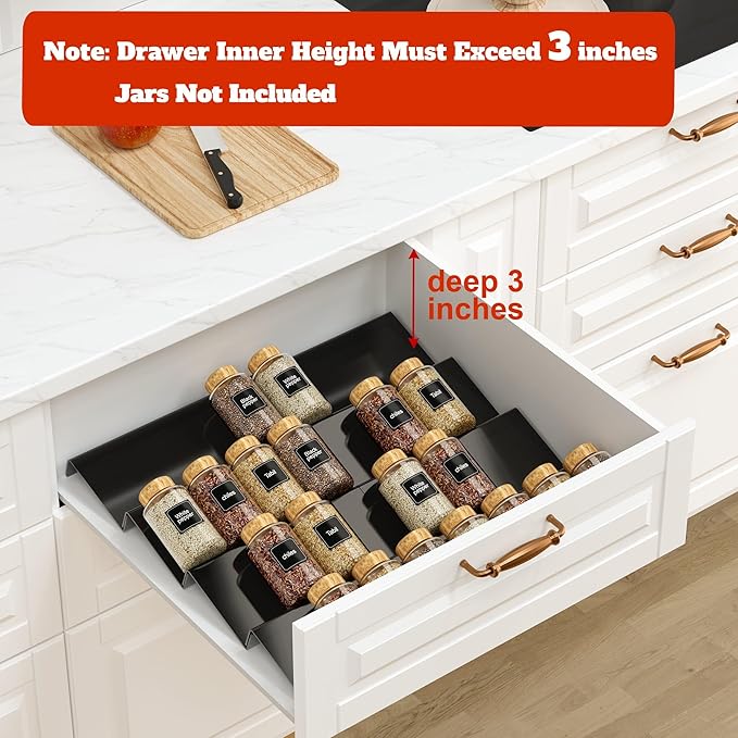 Spice Drawer Organizer Black (Jars Not Included) - 5 Tier Acrylic Seasoning Drawer Organizer - Kitchen Spice Rack for Drawer, Cabinet, Countertop - Expandable From 9'' to17.5 In''