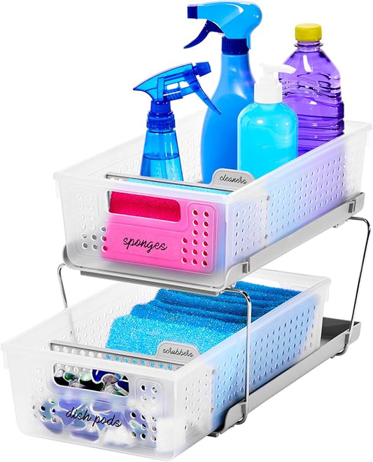 madesmart 2-Tier Organizer Slide-Out Baskets with Handles, Space Saving, Multi-Purpose Storage & BPA-Free, Large, Frost-with Dividers