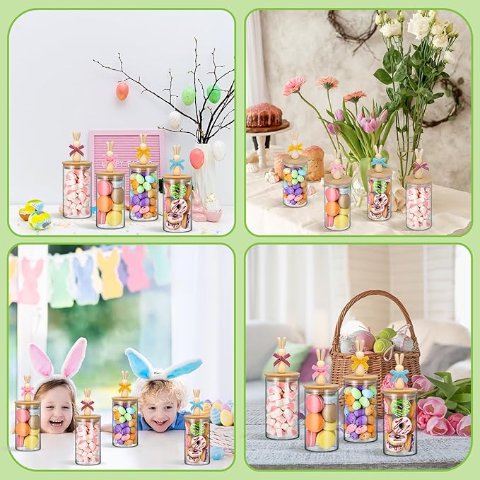 Nitial 4 Pcs Easter Glass Jar with Cap Bunny Ear Egg Clear Candy Jar Decorative Food Storage Canister with Airtight Ceramic Lid for Eater Party Tea Cookie Table Decoration (22 oz,Wooden Rabbit)
