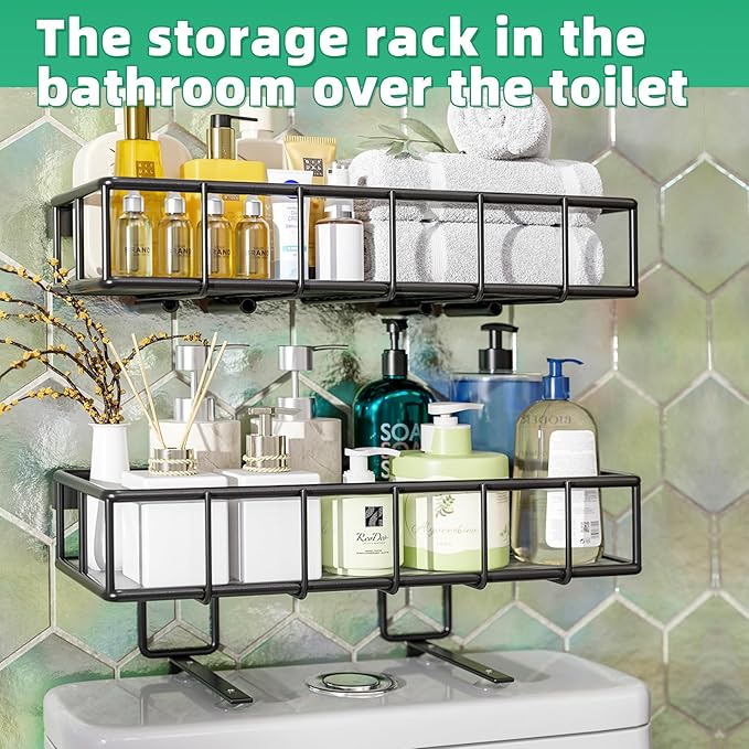 Hanging Storage Basket Wall Mount for Paper Towel Holder, Heavy Duty Metal Kitchen Bathroom Shower Spice Rack Home Decor Essentials, 2 Set, Black