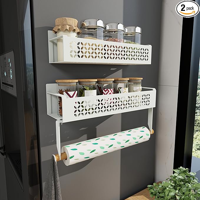 Magnetic Spice Rack Set 2 Pack Refrigerator Storage Organizer with Removable Paper Towel Holder for Kitchen - White