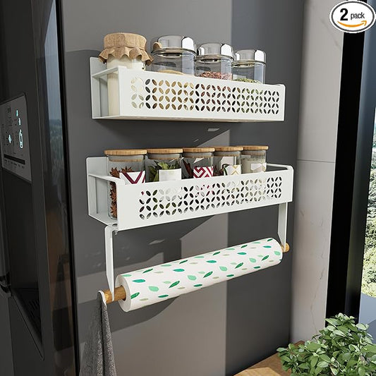 Magnetic Spice Rack Set 2 Pack Refrigerator Storage Organizer with Removable Paper Towel Holder for Kitchen - White