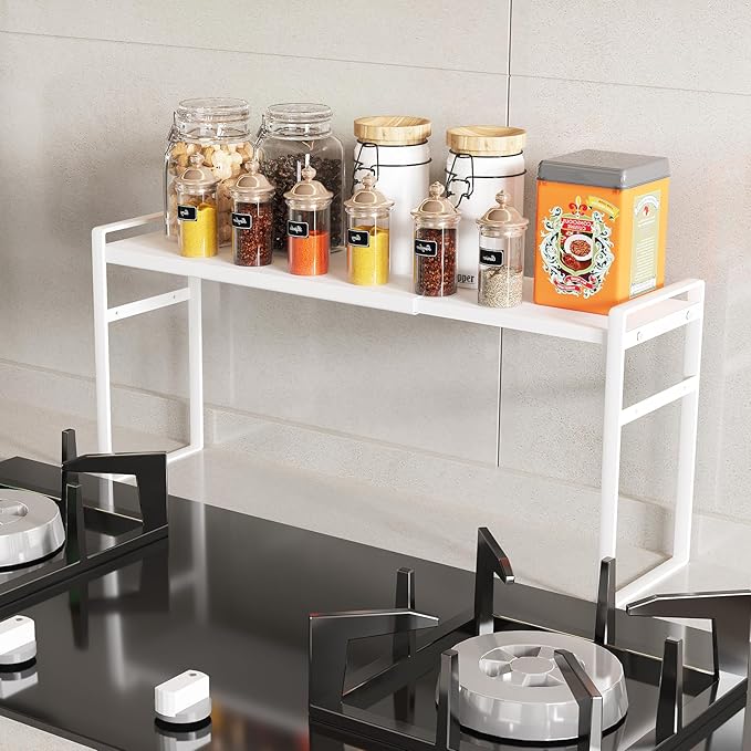 Expandable Metal Spice Organizer Shelf, Standing Small Narrow Rack for Seasonings, Adjustable Kitchen Storage Shelf Countertop (White, L13.7-23.6''*W3.54''H7'')