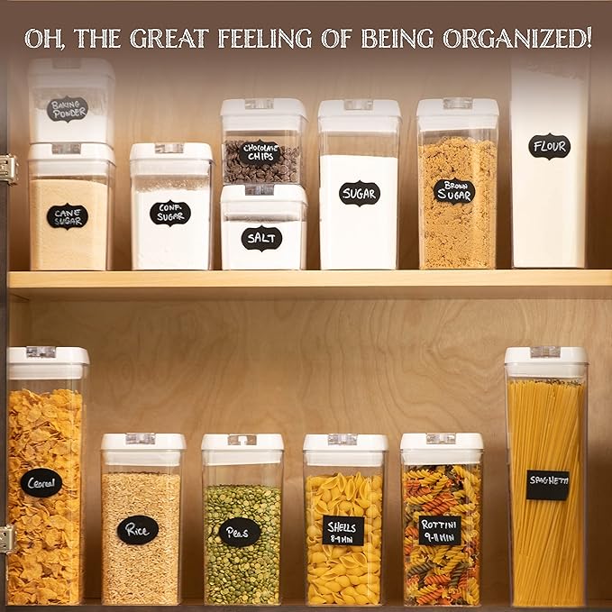 Oizeir Airtight Food Storage Containers, Clear Plastic, Lid Lock, Reusable Stickers, Various Sizes, BPA Free, Perfect Dry Food Storage Organization for Kitchen and Pantry, (Set of 7)