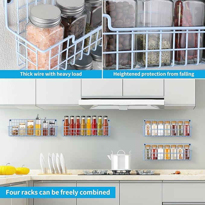 Wall Mount Spice Rack Organizer for Kitchen Cabinet Door, Pack of 4 Hanging Space-Saving Racks, Light Blue