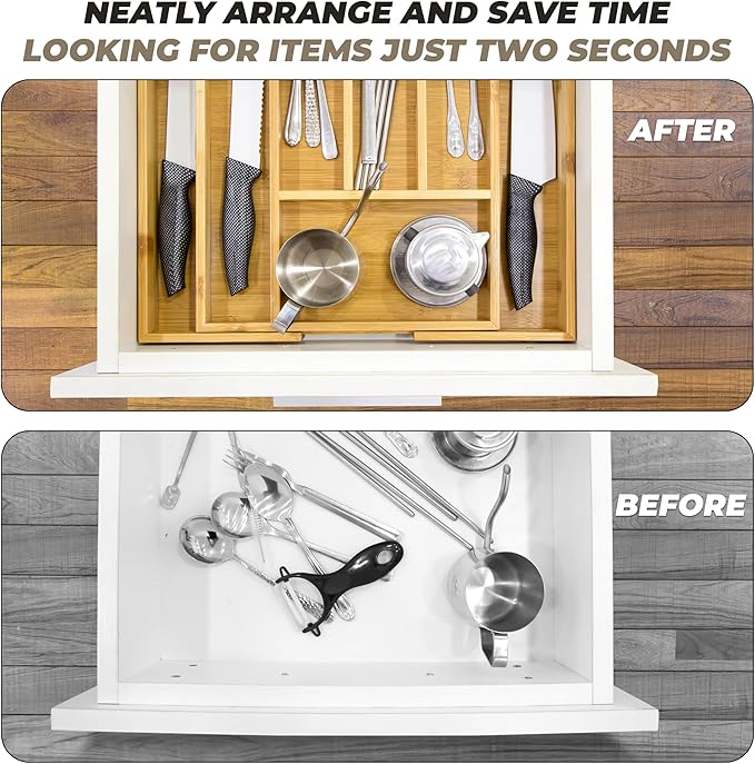 HOMESTEAD Nature Bamboo Drawer Organizer - Silverware Drawer Organizer, Expandable Drawer, Spoon and Fork Organizer for Kitchen & Versatile in Bedroom, Office, Cosmetics