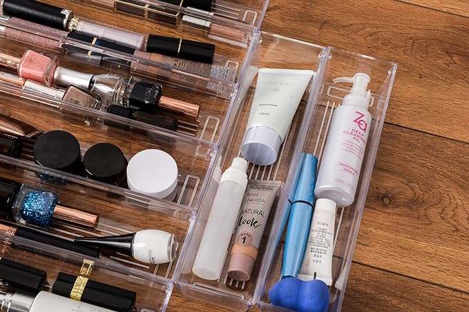 Backerysupply Clear Plastic Drawer Organizer Tray for Vanity Cabinet (12”×3”×2”，Set of 8),Storage Tray for Makeup, Kitchen Utensils, Jewelries, and Gadgets