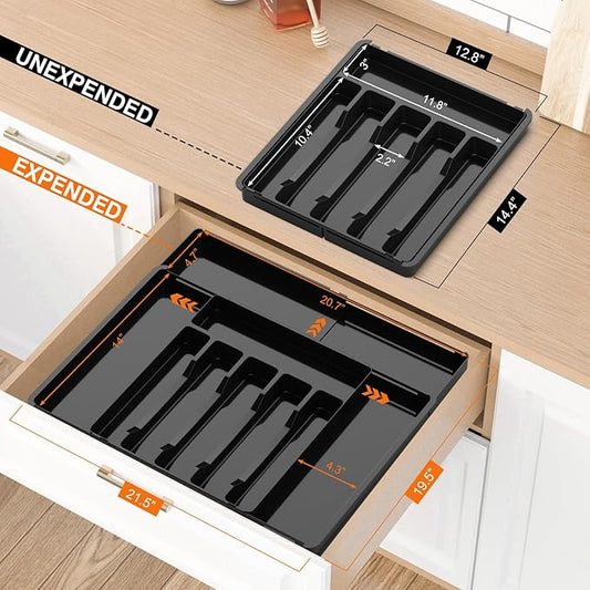 Large Silverware Drawer Organizer, Expandable Utensil Tray for Kitchen, BPA Free Adjustable Flatware and Cutlery Holder with Dividers, Storage and Organization for Spoons, Forks, Knives (6-9 Slots)