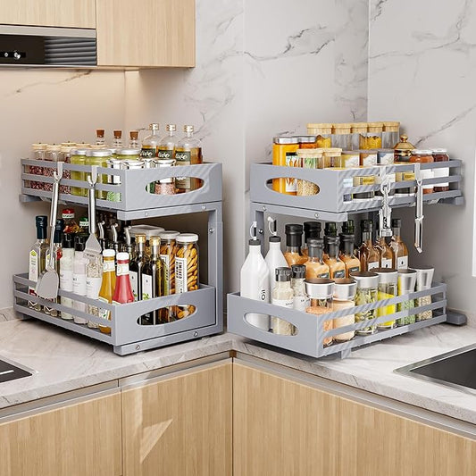 Under Sink Organizers and Storage, Pull Out Kitchen Cabinet Organizer, 2 Tier Slide Out Steel Under Sink Storage Shelf for Kitchen Pantry Bathroom (Grey, 2Pack)