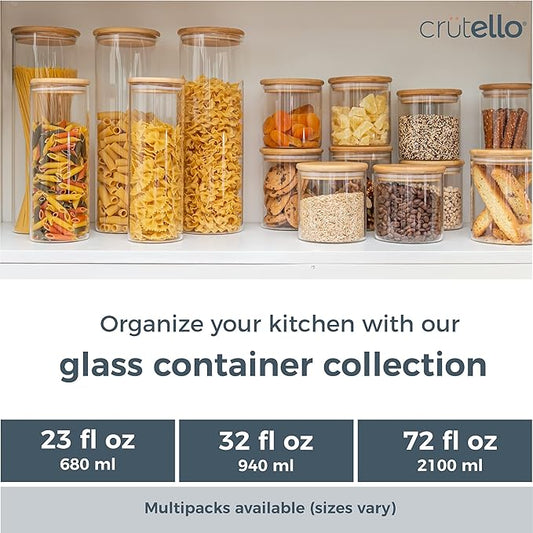 Crutello Glass Food Storage Containers with Bamboo Lids, 3 Pack - 72 Fluid oz Airtight Clear Kitchen Organization Canisters - A Family-Owned American Brand