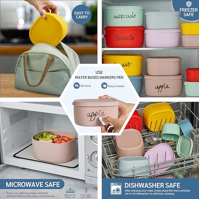 ISSEVE 12Pcs/Set Nesting Silicone Food Storage Containers with Lids, BPA Free Reusable Meal Prep Silicone Containers Airtight, Freezer Dishwasher Safe (33.8oz, 20oz, 10oz, 6.7oz, 1.3oz) (Pink)