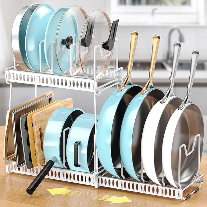 3 Pack Expandable Pan Organizer for Cabinet, Pot and Pan Organizer Under Cabinet Lid Holder Rack with 14 Adjustable Compartment for Kitchen Cabinet Cookware Baking Frying Rack (Black)