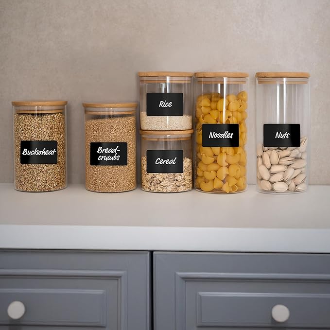 Moritz & Moritz Glass Food Storage Jars with Lids 6 Pack – Airtight Food Storage Containers for Pantry – Kitchen Organizers – Flour Sugar Containers with Labels and Chalk Pen