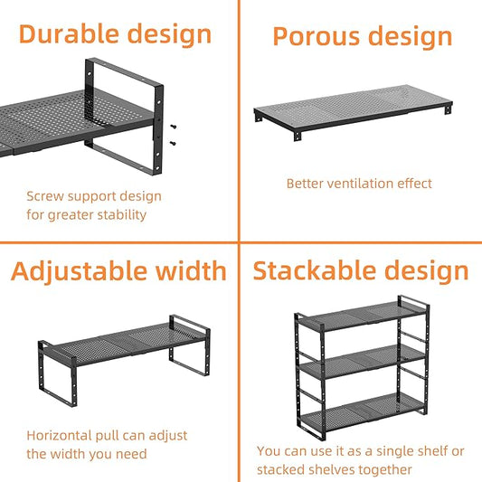 Cabinet Organizer Shelf,Expandable Adjustable Stackable Kitchen Organizer,Metal Shelf risers for cabinets, Kitchens and desks(3Packs/Black/Large)