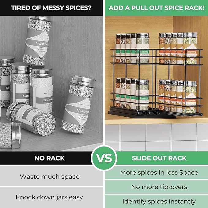 Pull Out Spice Rack Organizer for Cabinet, Slide Out Spice Racks, Easy to Install Spice Cabinet Organizer, 2.75''Wx10.35''Dx8.26''H, 2 Drawers 2 Tiers(Black