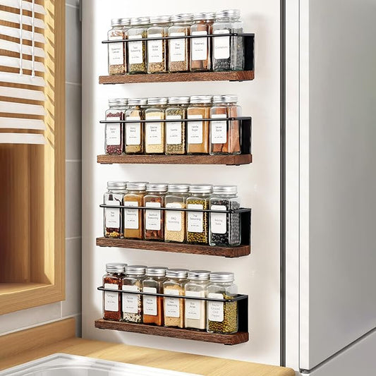 4 Pack Strong Magnetic Spice Rack Organizer for Refrigerator and Microwave Oven, Metal Fridge Shelf, Space Saver for Kitchen Organization and Storage, Black