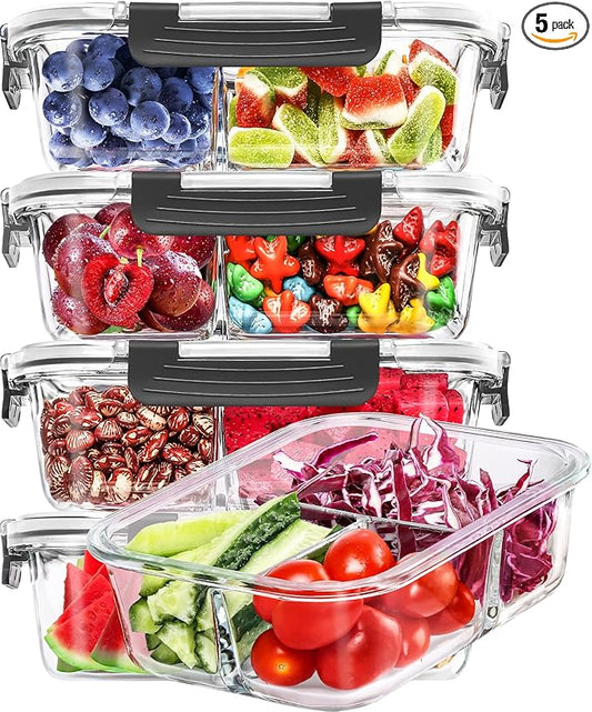 Skroam 5-Packs 36OZ Glass Airtight Food Storage Containers 3 Compartments, Glass Meal Prep Container Set with Lids for Pantry Kitchen Organizers and Storage, BPA Free Glass Lunch Boxes Bento