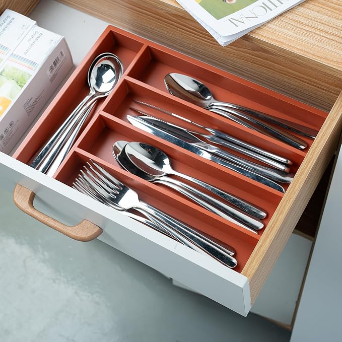 Silverware Organizer Bamboo Kitchen Drawer Organizer with 5 Slots Flatware Organizer Tray for Kitchen, Flatware, Utensils（Orange）