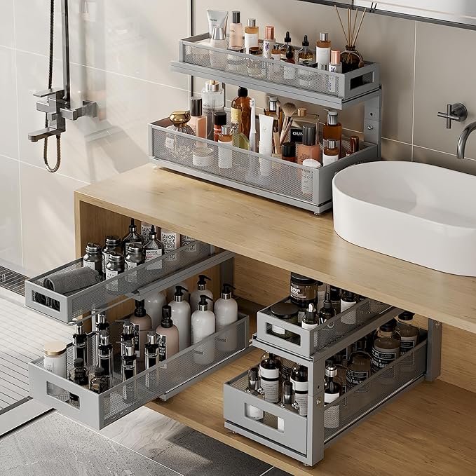 2 Pack 21.3IN-Depth Under Sink Organizer with Next-Gen Ball-Bearing Slides,2-Tier Pull Out Cabinet Storage,Height Adjustable Drawer Shelf for Bathroom,Kitchen,Laundry,Cabinet,Pantry-Gun Gray