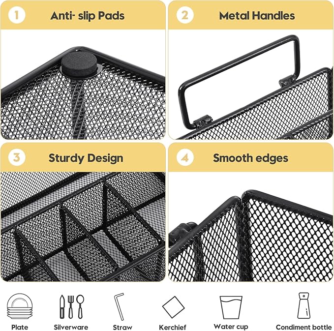 Paper Plate Dispenser with Handle, Metal Paper Plate Holders for Kitchen Counter, Utensil Holder Organizer with 6 Compartments, Silverware Holder Caddy for Cup Fork Spoon Napkin Party Camping