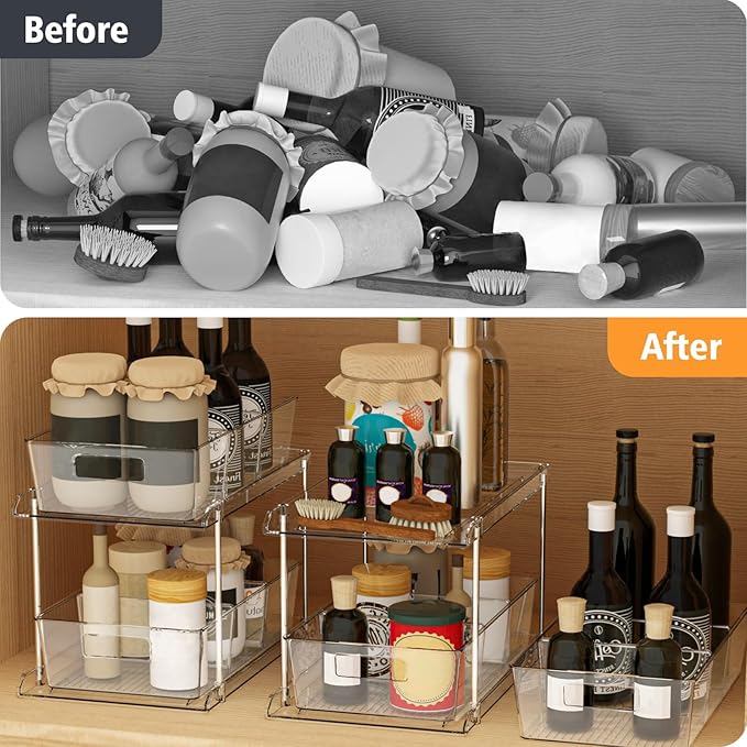 Pull-out Home Organizer, 2 Pack 2 Tier Clear Bathroom Organizer with Dividers, Multipurpose Vanity Counter Tray, Kitchen, Closet Organizers, Cabinet & Storage Container Bins