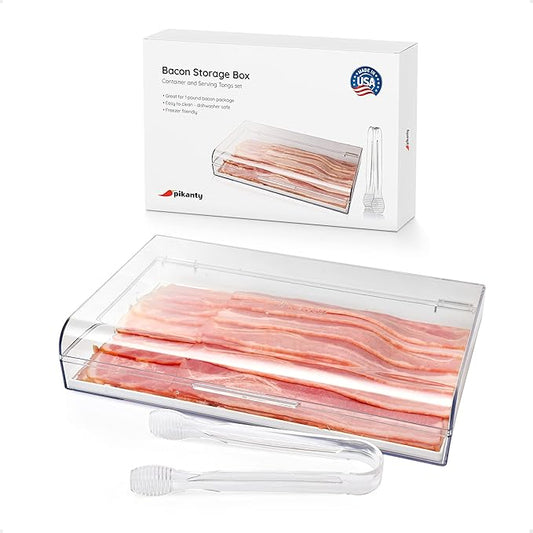 Bacon Container for Refrigerator | Fridge Storage and Deli Meat Keeper with Food Serving Tongs and Drain Plate | Dishwasher Safe | Made in USA
